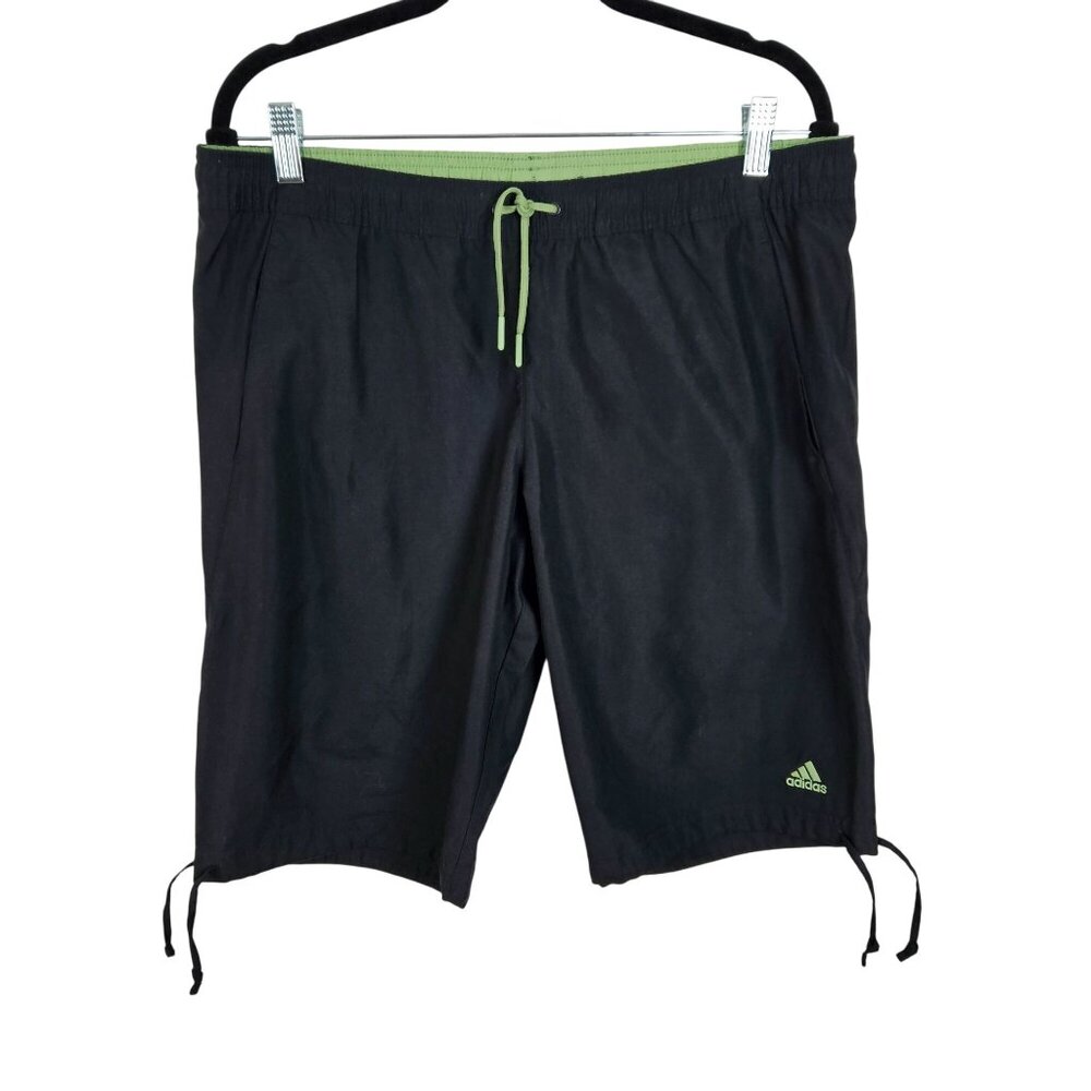 Adidas Mens Black & Green Athletic Shorts W/ Drawstrings Pockets Size M Workout